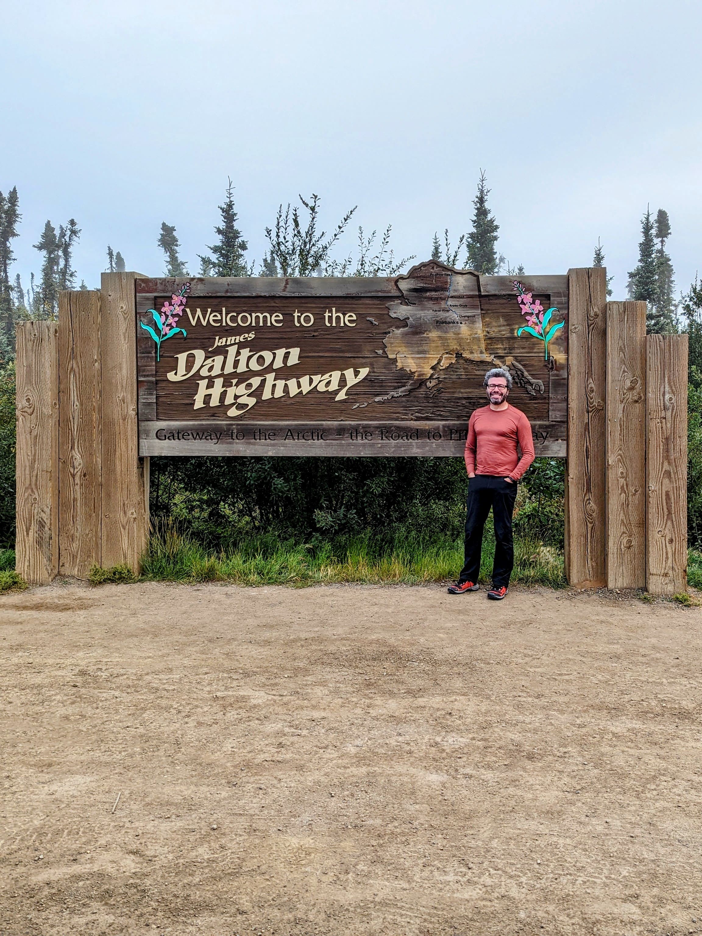 At the Dalton Highway sign in Alaska