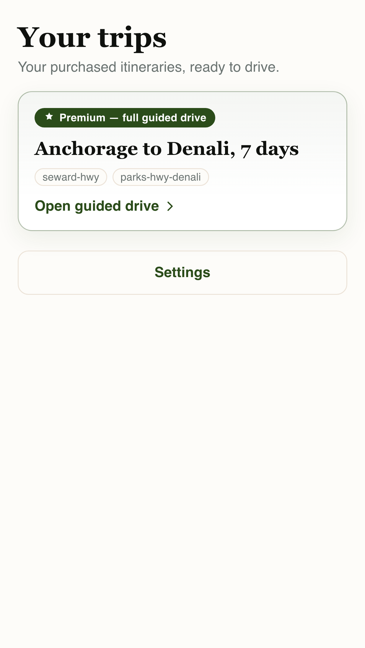 Alaska Co-Pilot trip list showing a downloaded, offline-ready Alaska itinerary