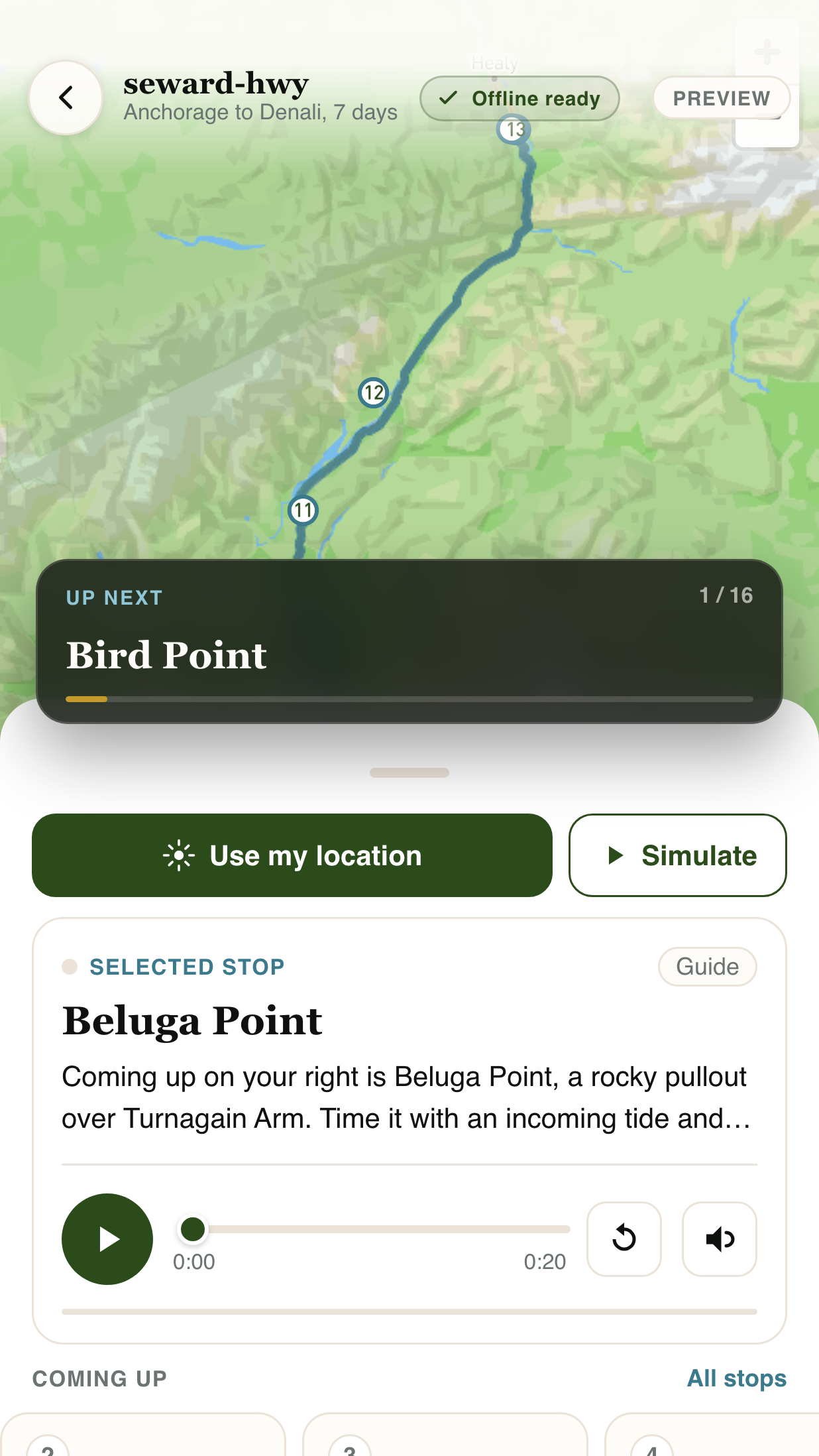 Alaska Co-Pilot drive mode with an offline-ready route map and upcoming stop guidance