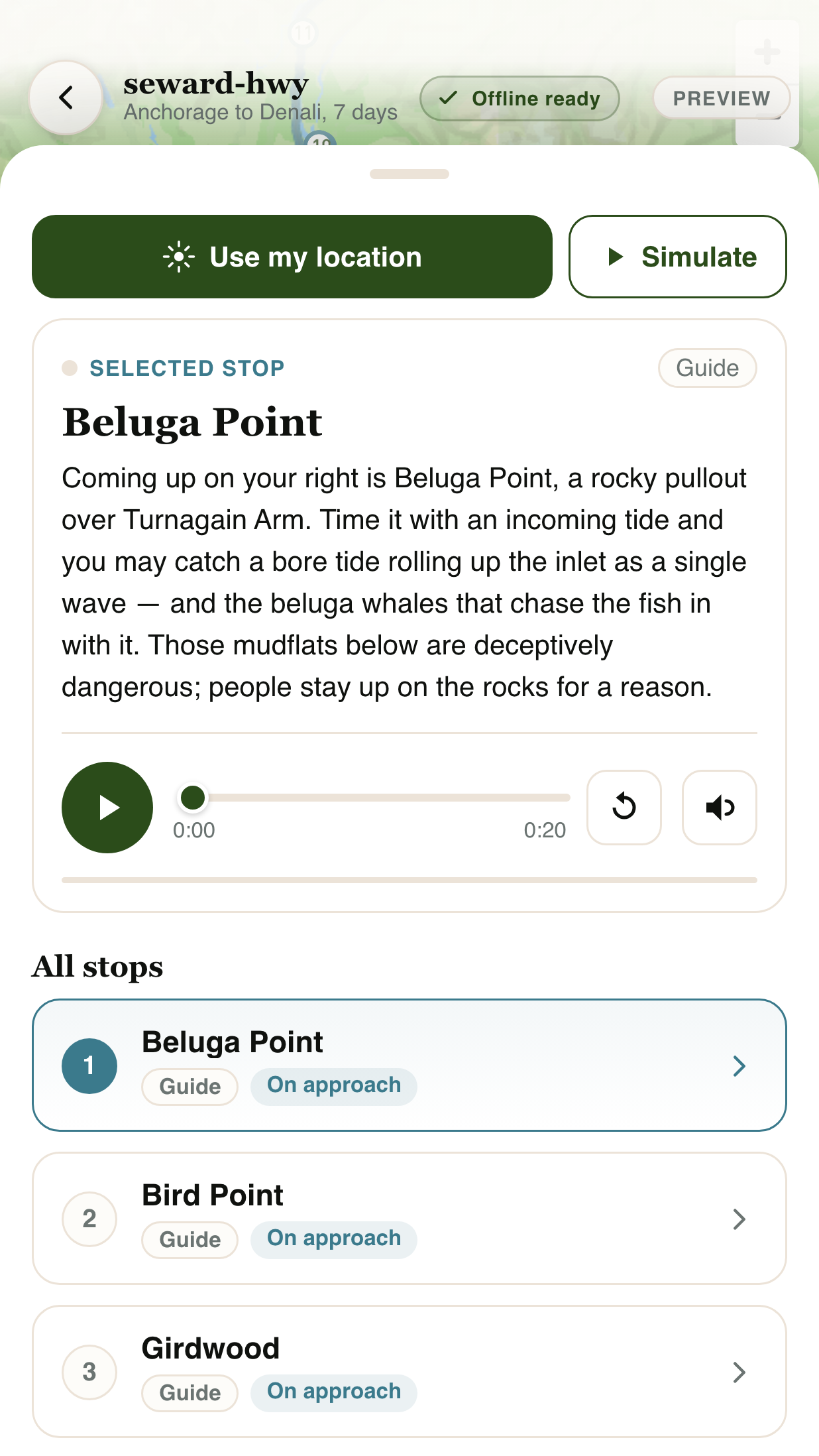 Alaska Co-Pilot narrated stop detail with audio controls and the route stop list
