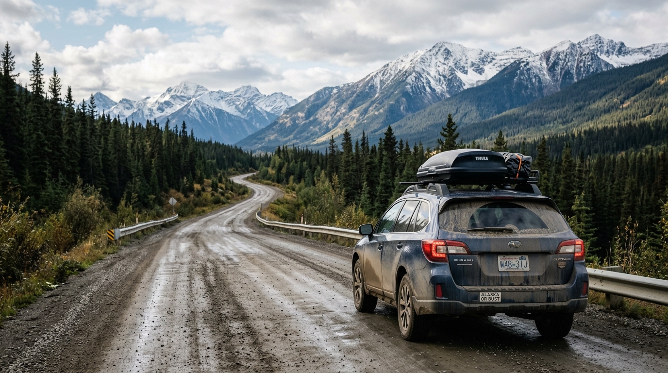 A camper van drives down a remote highway toward snowcapped mountains and evergreen trees.