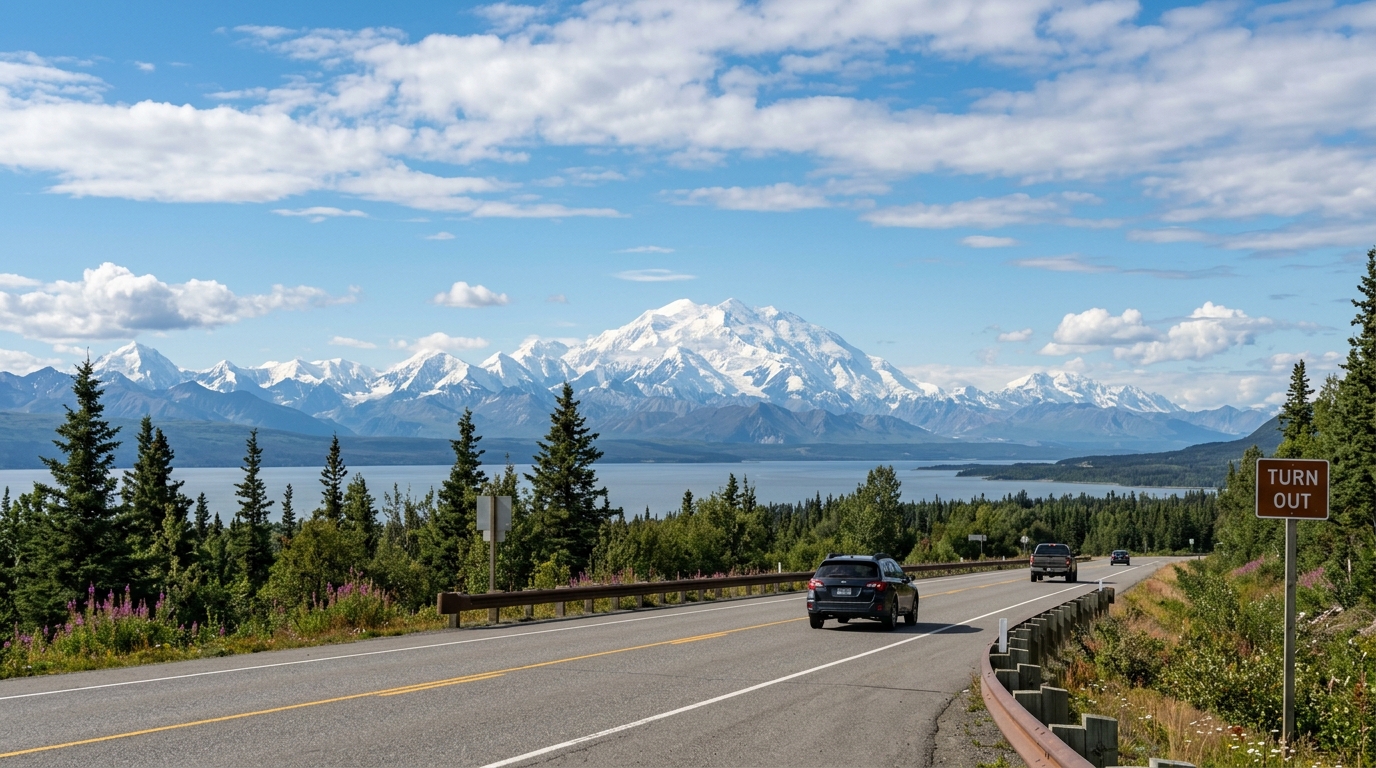 Snowcapped mountain peaks rise over a paved highway lined with green spruce trees.