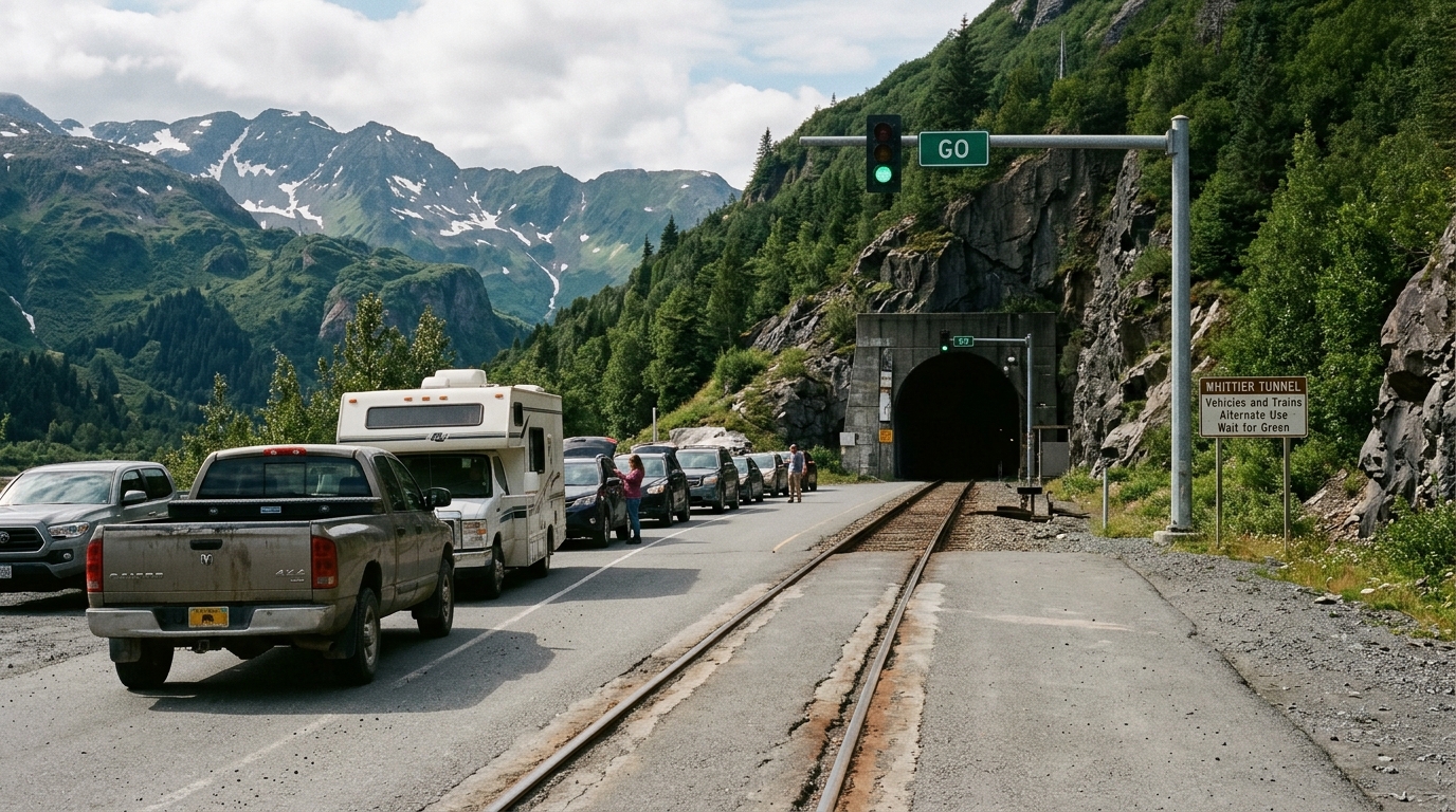 Cars wait at a one-lane mountain tunnel entrance containing embedded railroad tracks.