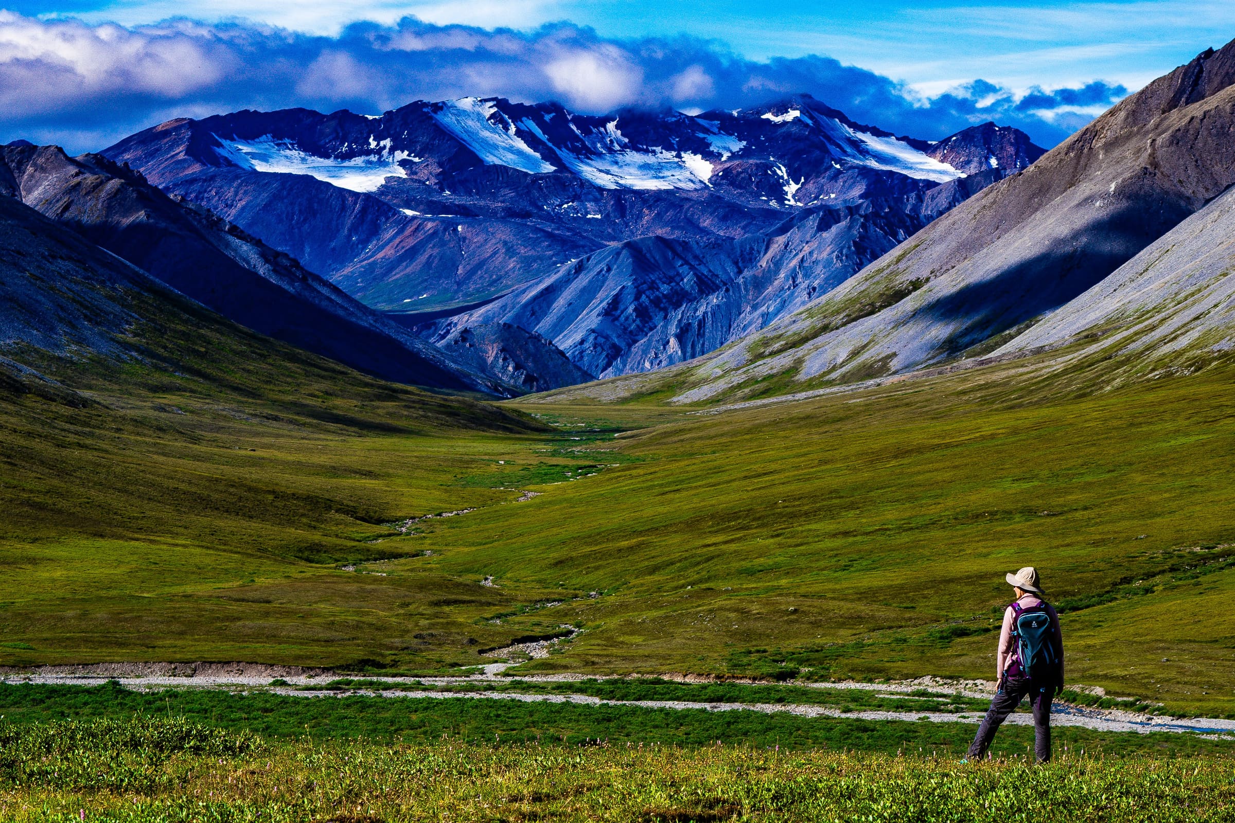 Snow-capped Alaska mountains with hiker in green valley